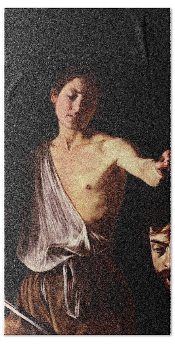 David With The Head Of Goliath Beach Towel featuring the painting David with the Head of Goliath #2 by Michelangelo Caravaggio