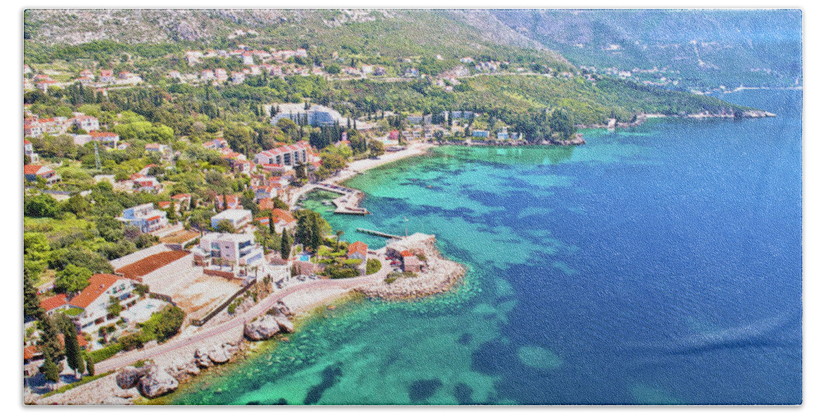 Coast Beach Towel featuring the photograph Dubrovnik region waterfront in Mlini and Srebreno aerial view #2 by Brch Photography