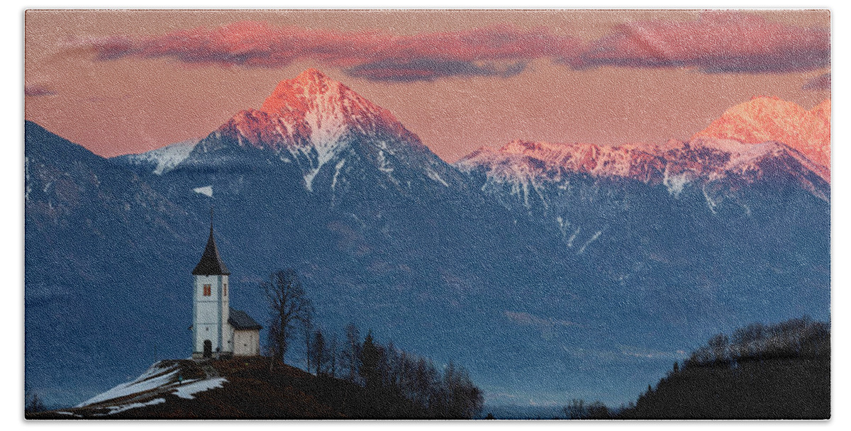 Jamnik Beach Towel featuring the photograph Full moon rising over Jamnik church and Storzic at sunset #2 by Ian Middleton