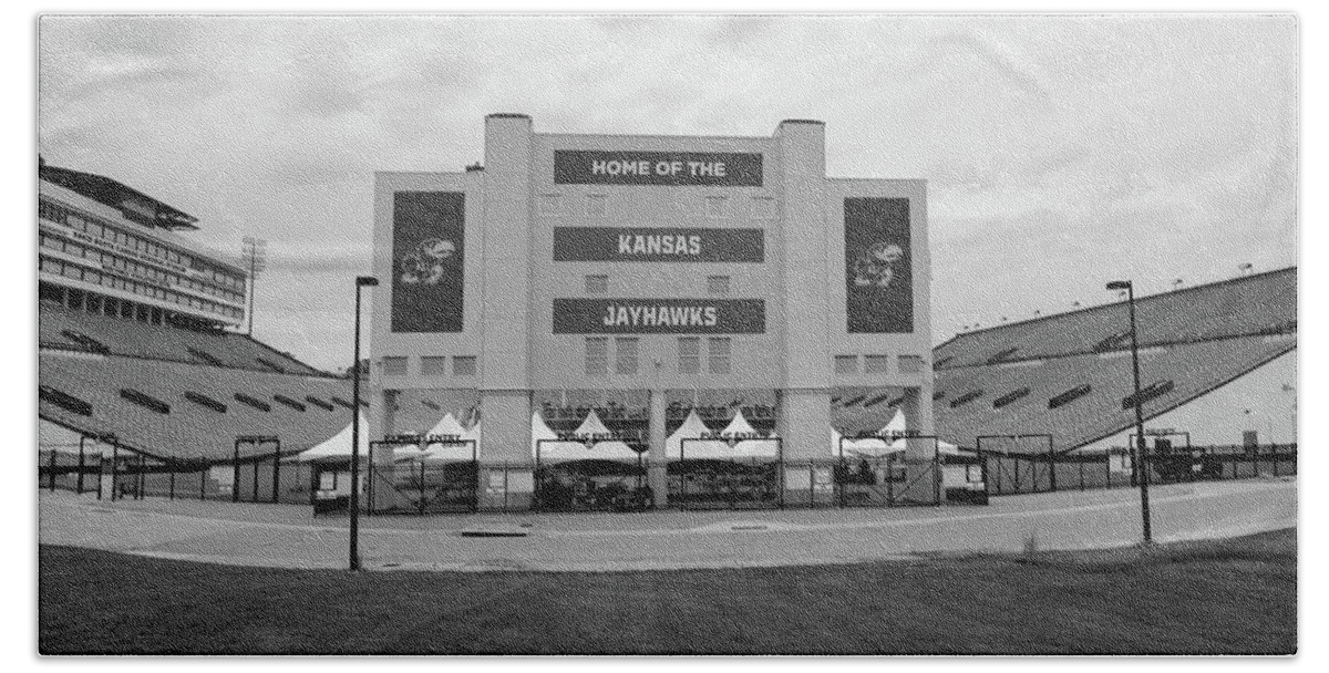Kansas Jayhawks Stadium Beach Towel featuring the photograph Kansas Jayhawks football stadium in black and white by Eldon McGraw