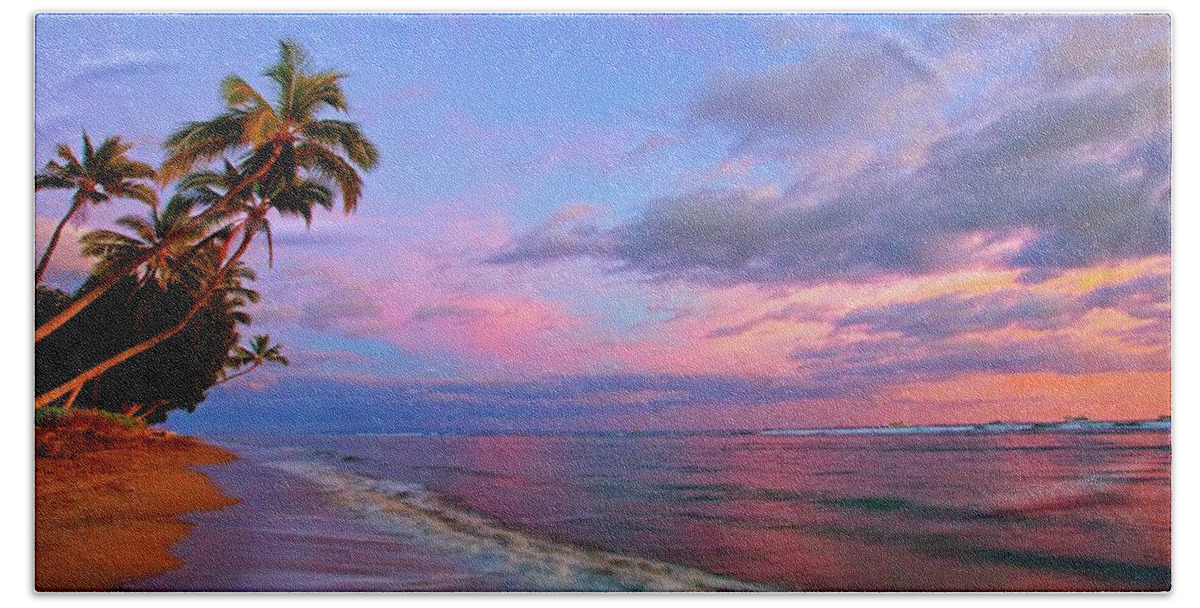 Lahaina Sunset Beach Palmtrees Clouds Seascape Beach Towel featuring the photograph Lahaina Sunset #2 by James Roemmling
