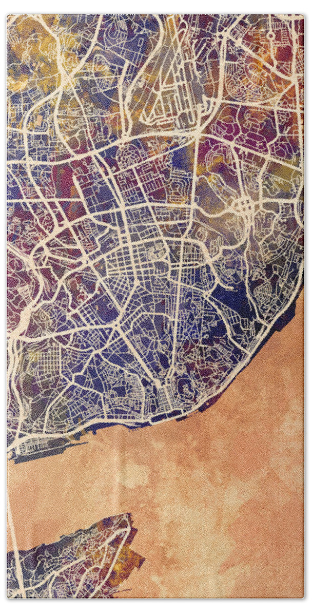 Lisbon Beach Towel featuring the digital art Lisbon Portugal City Map #2 by Michael Tompsett