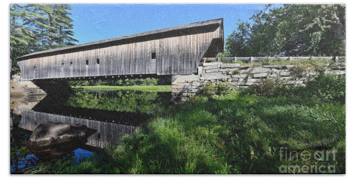 Reflection. Wooden Bridge Beach Towel featuring the photograph Maine Covered Bridge #1 by Steve Brown