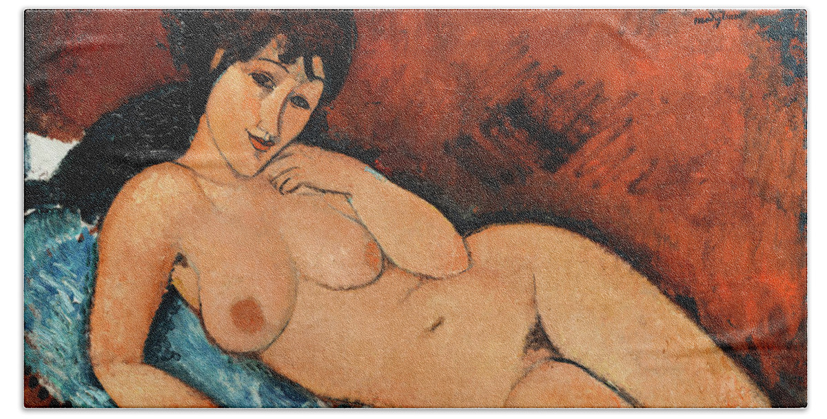 Nude Beach Towel featuring the painting Nude on a Blue Cushion #2 by Amedeo Modigliani