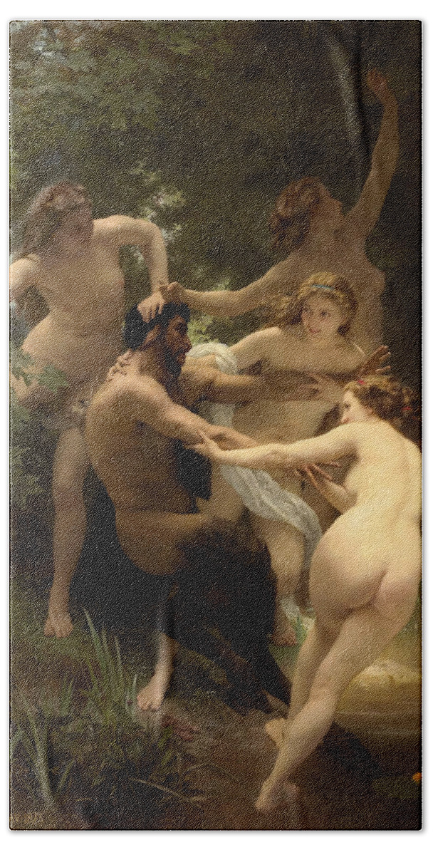 William Adolphe Bouguereau Beach Towel featuring the painting Nymphs and Satyr #8 by William Adolphe Bouguereau