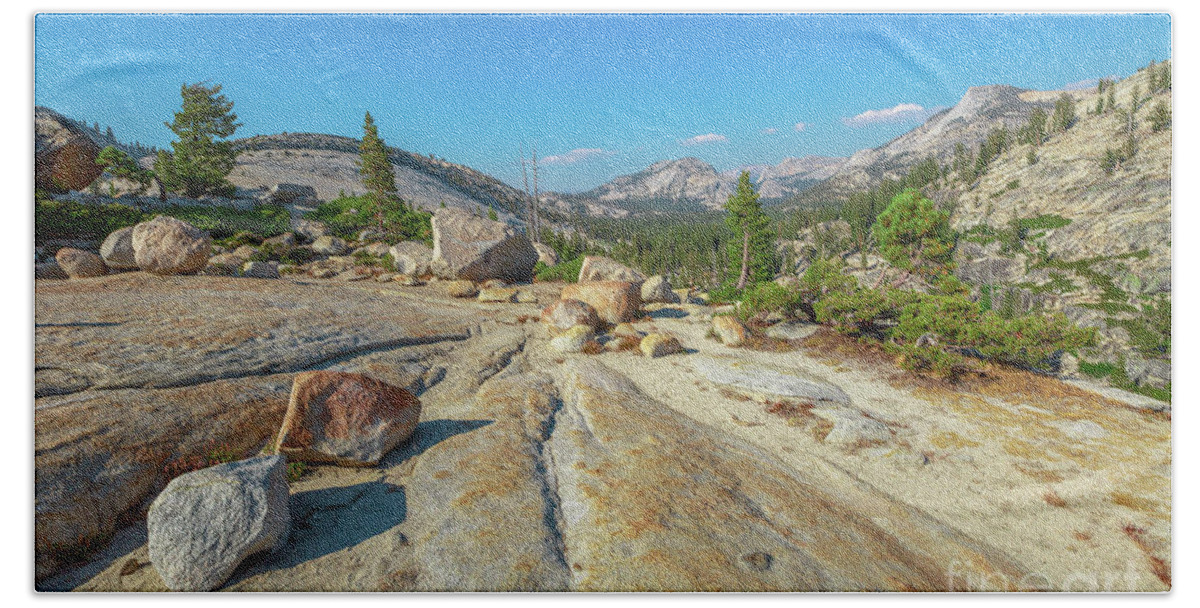 Yosemite National Park Beach Towel featuring the photograph panorama at Olmsted Point #2 by Benny Marty