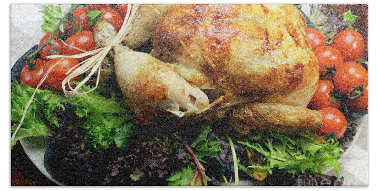 Thanksgiving Beach Towel featuring the photograph Scrumptious roast turkey chicken on platter #2 by Milleflore Images