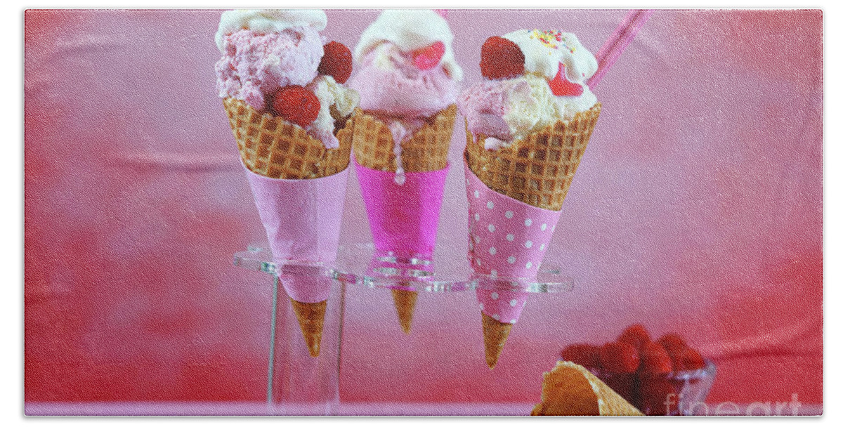 Background Beach Towel featuring the photograph Summertime pink ice cream cones #2 by Milleflore Images