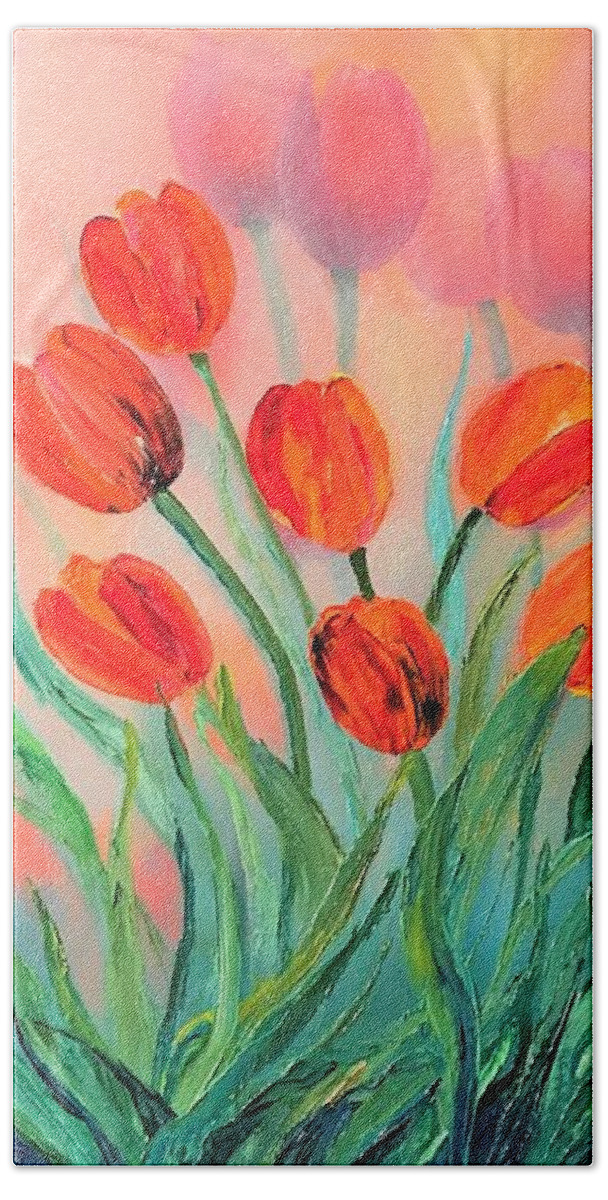 Wall Art Home Décor Tulips Flowers Orange Flowers Gift Idea Oil Painting Art For Sale Gift Idea For Her Gift For Woman Abstract Flowers Beach Towel featuring the painting Tulips #1 by Tanya Harr