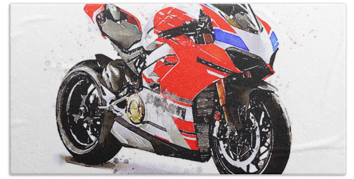 Sport Beach Towel featuring the painting Watercolor Ducati Panigale V4S motorcycle, oryginal artwork by Vart #3 by Vart Studio