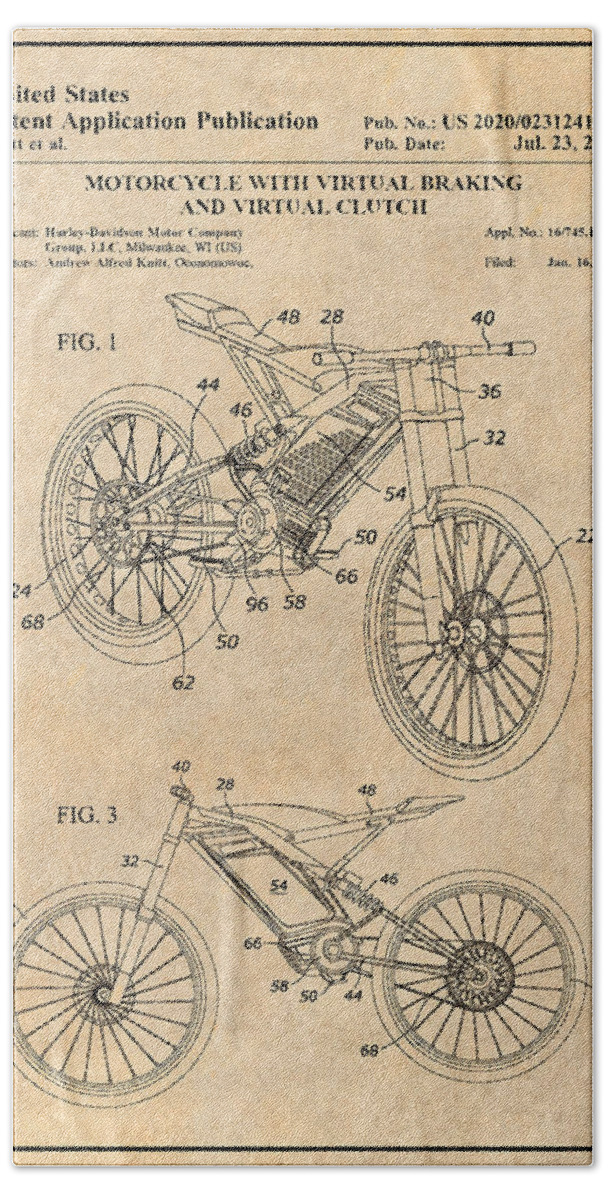 2020 Harley Davidson Electric Motorcycle Patent Print Antique Paper Beach Towel featuring the drawing 2020 Harley Davidson Electric Motorcycle Patent Print Antique Paper by Greg Edwards
