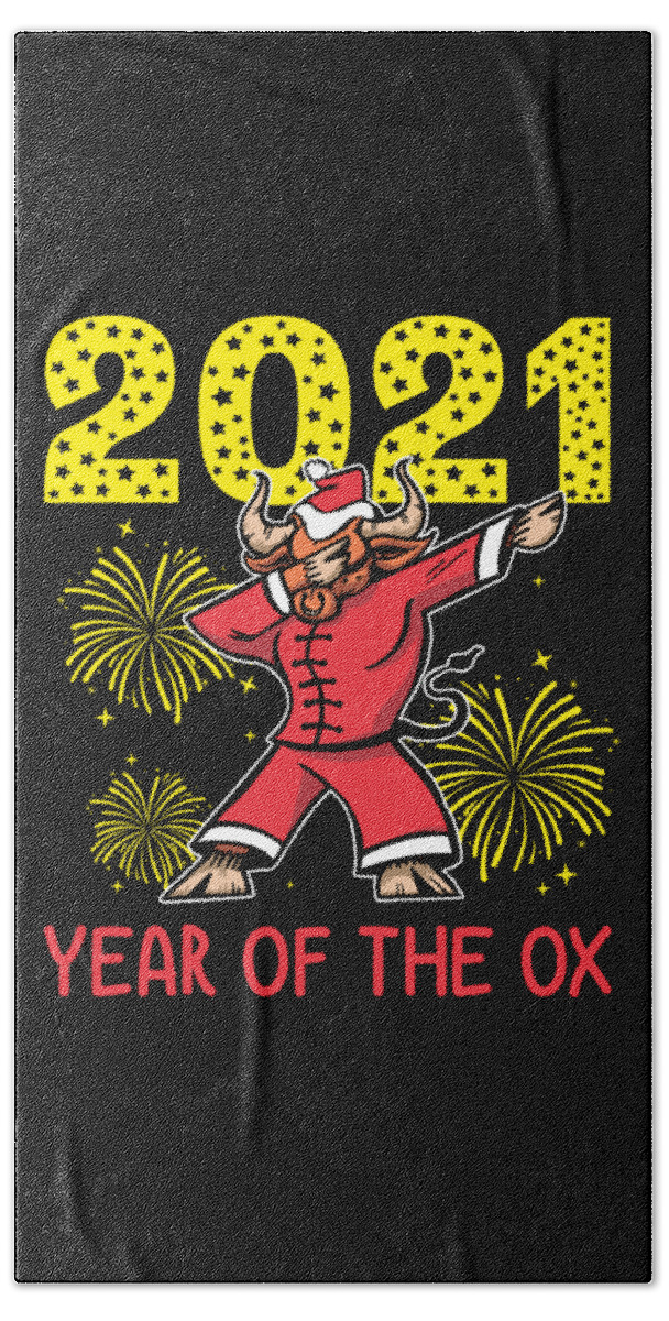 New Year Beach Towel featuring the digital art 2021 Happy New Year Of The Ox Funny Holiday Gift by Haselshirt