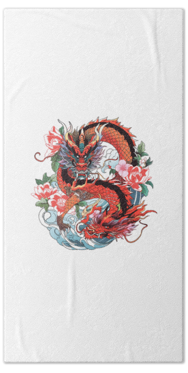 Dragon Beach Towel featuring the mixed media Tattoo Style Dragon #259 by Loose Goose Tattoos