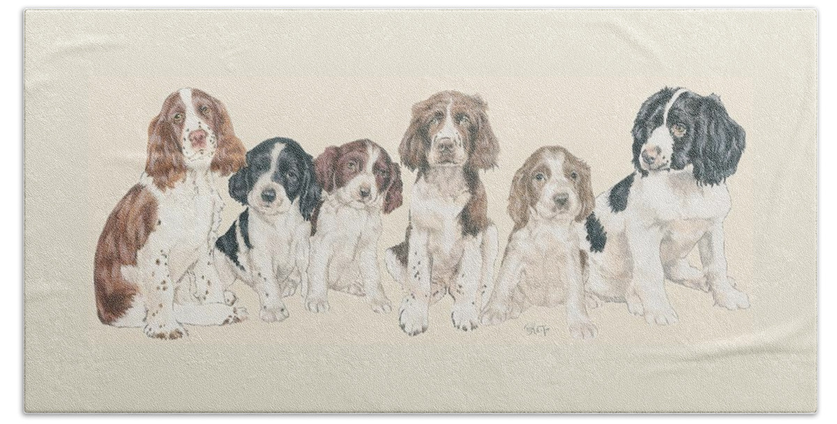 Sporting Group Beach Towel featuring the mixed media English Springer Spaniel Puppies by Barbara Keith