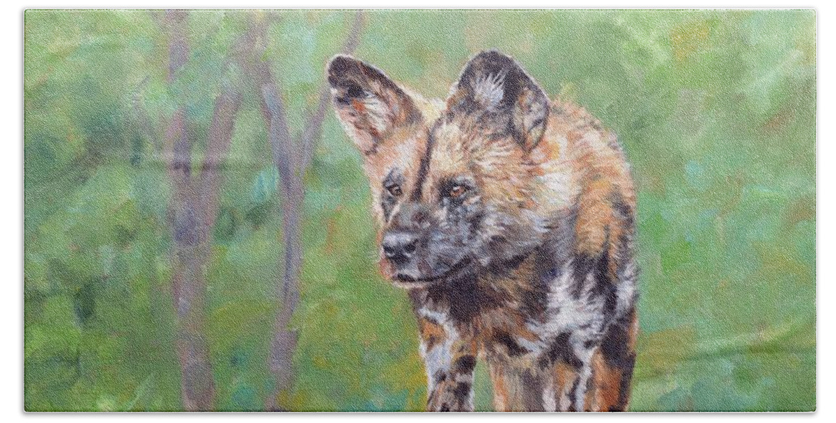 African Wild Dog Beach Towel featuring the painting African Wild Dog #3 by David Stribbling