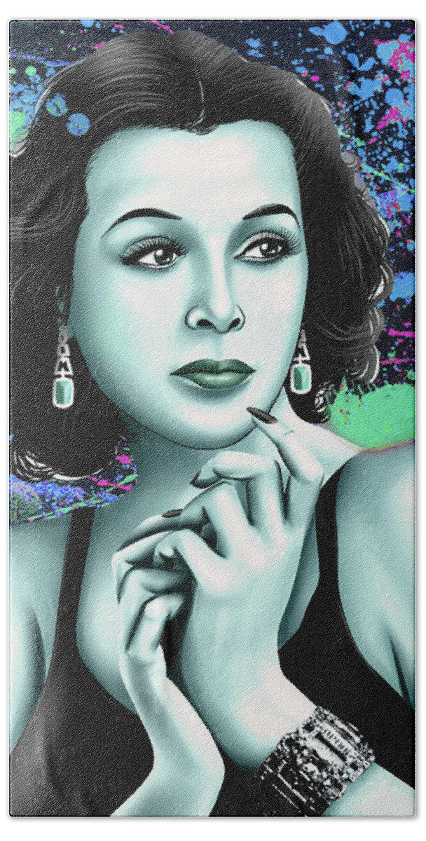 Lamarr Beach Towel featuring the mixed media Hedy Lamarr retro by Movie World Posters