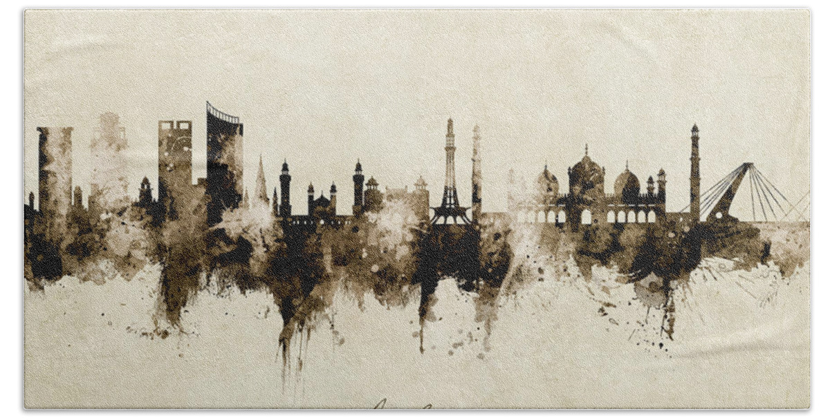 Lahore Beach Towel featuring the digital art Lahore Pakistan Skyline by Michael Tompsett