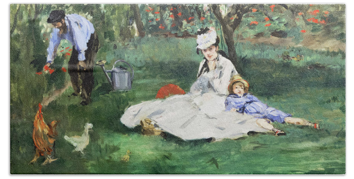 Édouard Manet Beach Towel featuring the painting The Monet Family by Edouard Manet by Mango Art
