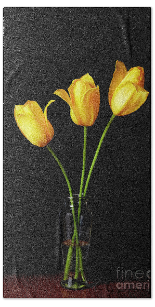 Tulips Beach Towel featuring the photograph 3 Yellow Tulips In Vase by Tony Cordoza