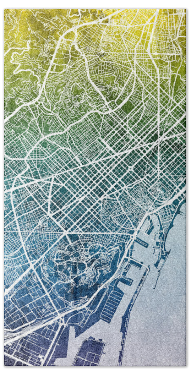 Barcelona Beach Towel featuring the digital art Barcelona Spain City Map #4 by Michael Tompsett