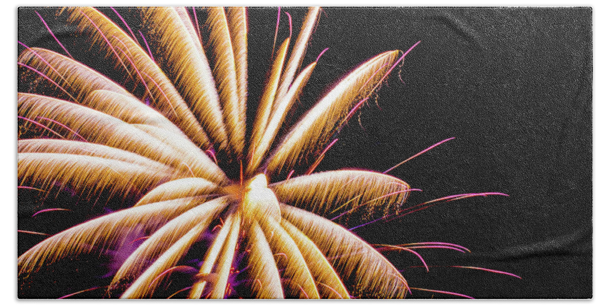Fireworks Romeoville Illinois Yellow Purple Beach Towel featuring the photograph Fireworks in Romeoville, Illinois #4 by David Morehead