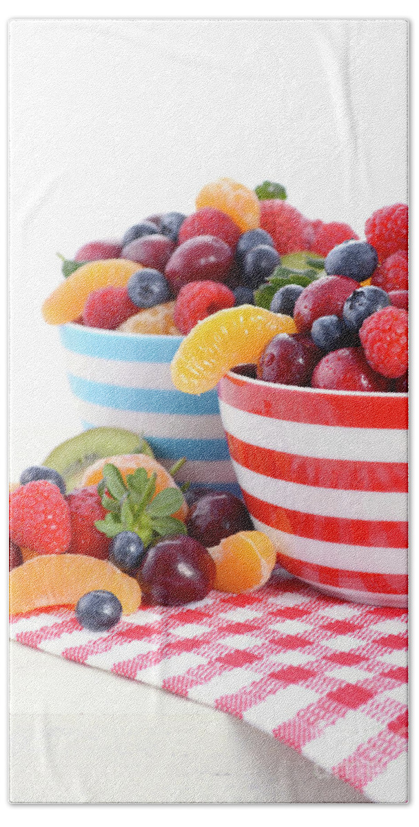 Blue Beach Towel featuring the photograph Fresh colorful fruit in breakfast bowls #4 by Milleflore Images