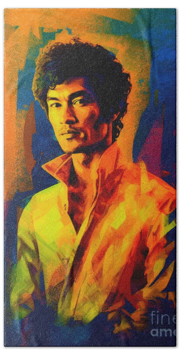 Portrait Of Bruce Lee  Surreal Cinematic Minima Art Beach Towel featuring the painting Portrait of Bruce Lee  Surreal Cinematic Minima by Asar Studios #4 by Celestial Images