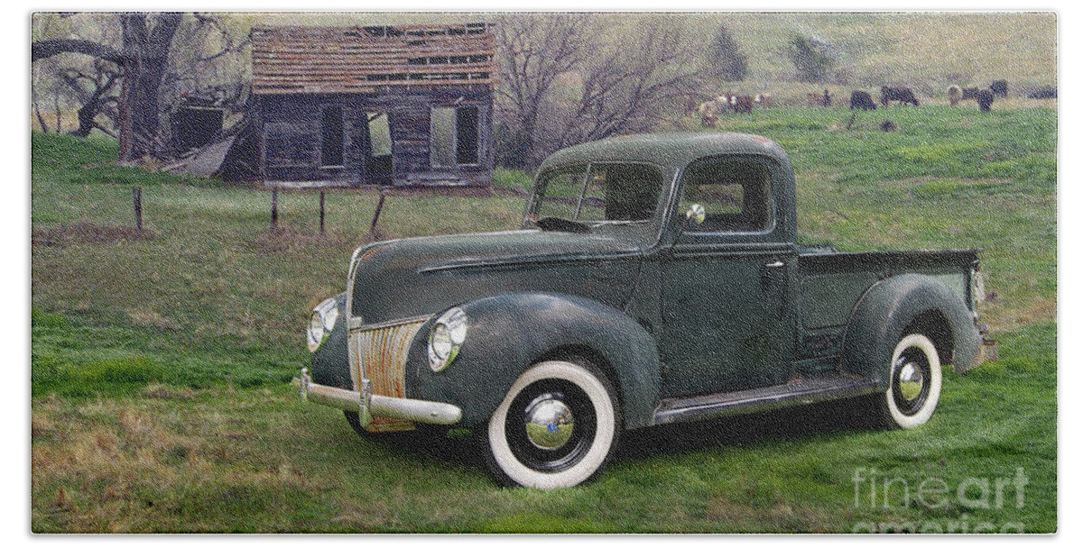 40 Beach Towel featuring the photograph 1940 Ford Pickup At The Old Homestead by Ron Long