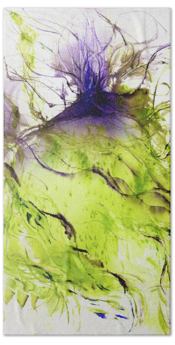  Beach Towel featuring the painting 'Leaf green bright clear violet ultramarine' by Petra Rau