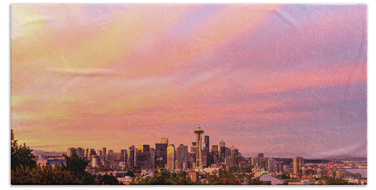 Outdoor; Sunrise; Clouds; Colors; Kerry Park; Space Needle; Mount Rainier; Elliot Bay; Pnw; Washington Beauty Beach Towel featuring the digital art Sunrise Seattle #5 by Michael Lee