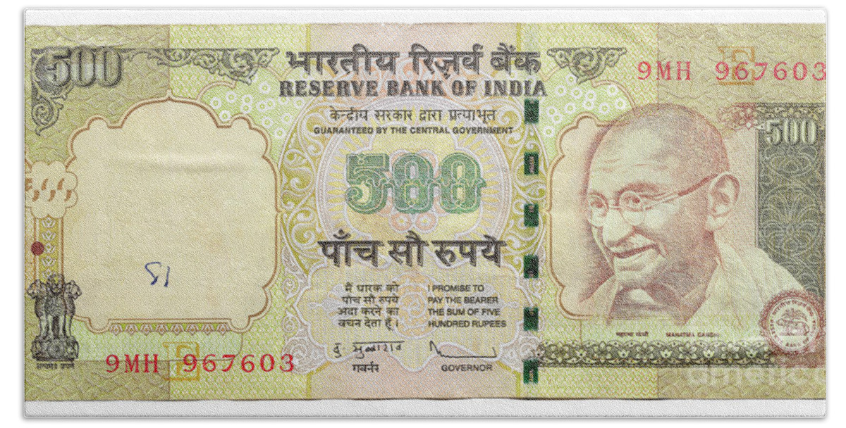 500 Beach Towel featuring the photograph 500 Indian Rupees Bank Note n2 by Humorous Quotes