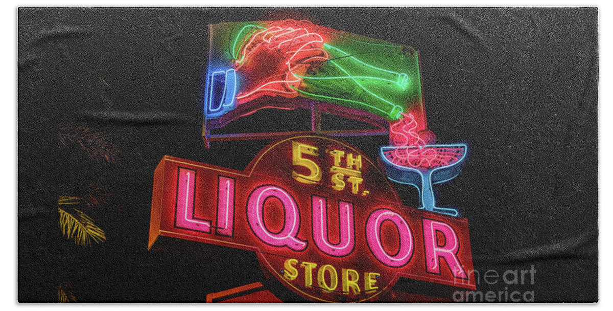 5th Street Liquor Store Neon Sign Beach Towel featuring the photograph 5th Street Liquor Store Neon Sign by Aloha Art