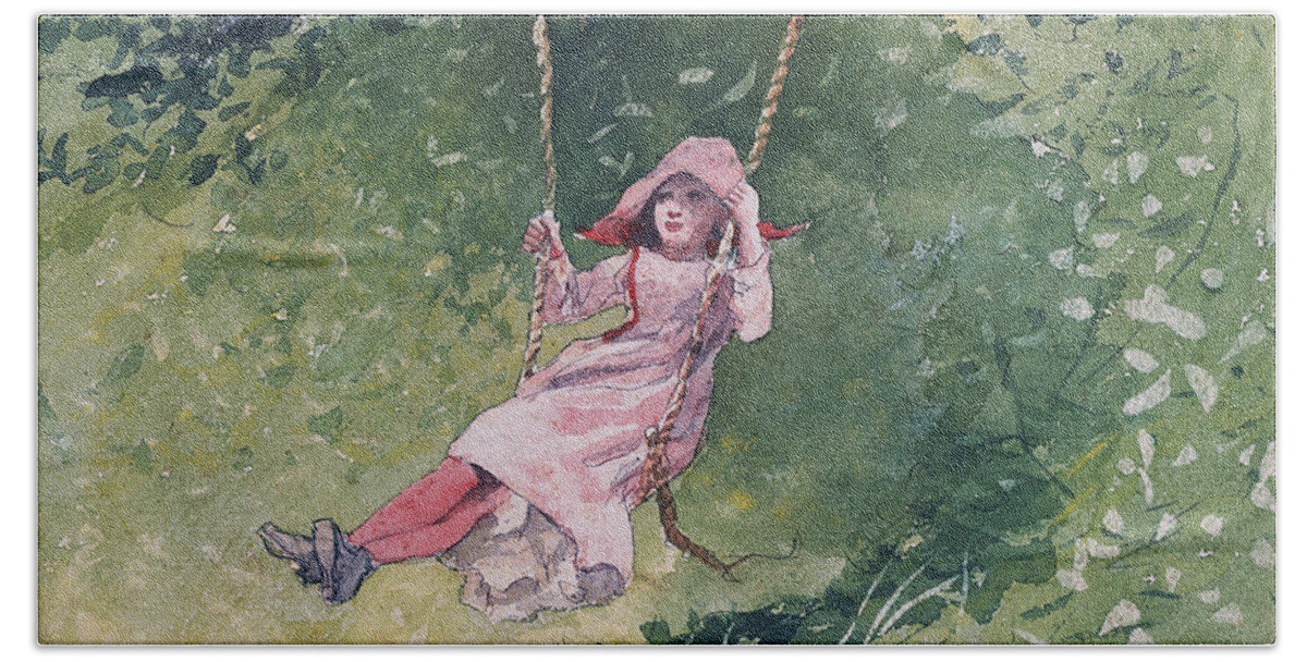 Winslow Beach Towel featuring the painting Girl on a Swing #3 by Winslow Homer