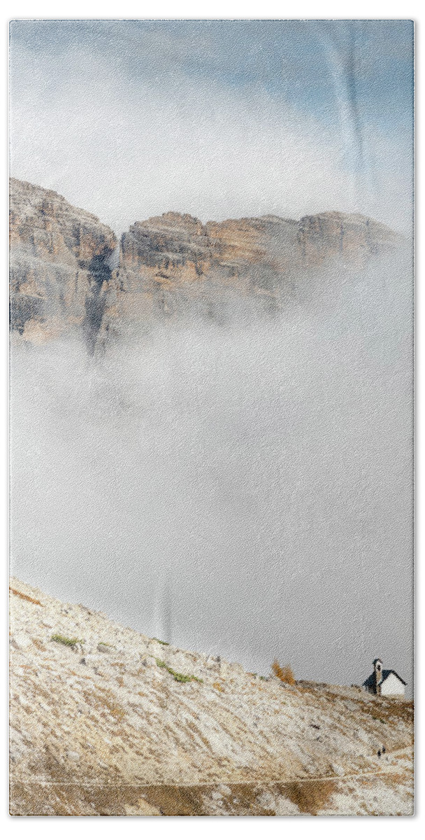 Italian Alps Beach Towel featuring the photograph Mountain landscape with fog in autumn. Tre Cime dolomiti Italy. #6 by Michalakis Ppalis