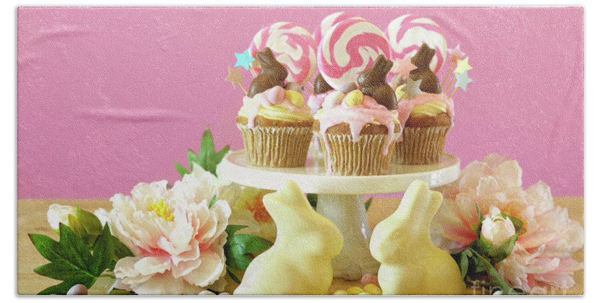Easter Beach Towel featuring the photograph Easter theme candy land drip cupcakes in party table setting. #7 by Milleflore Images