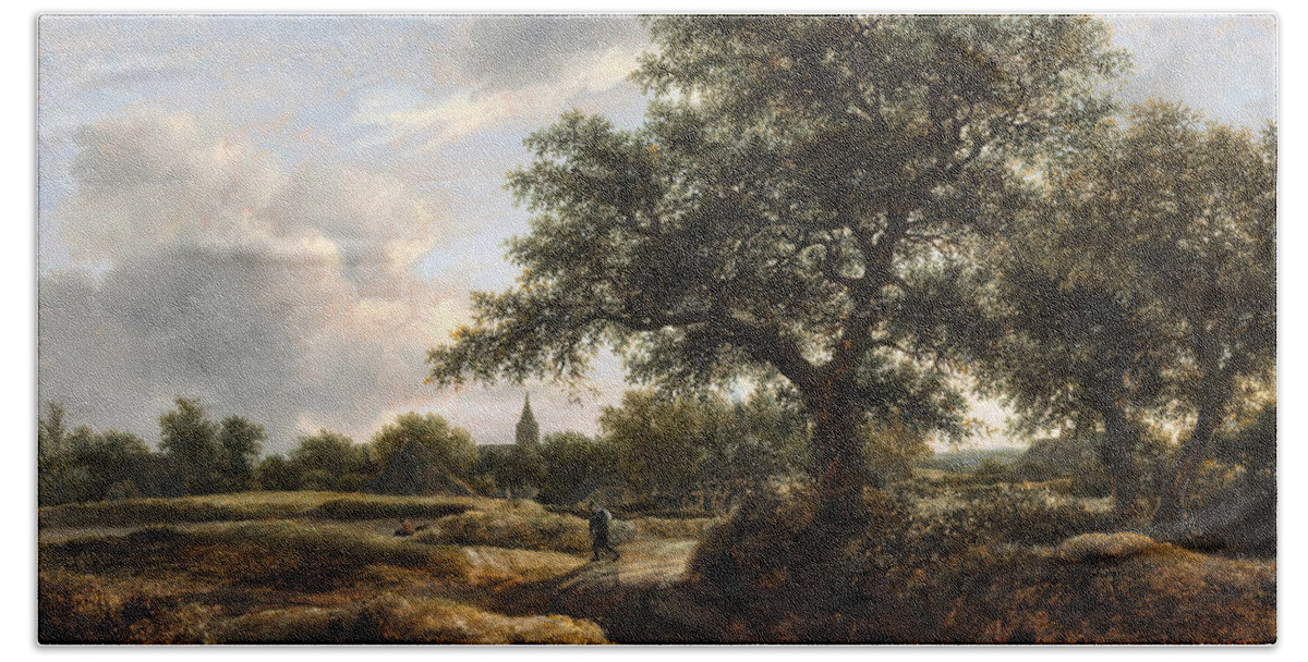 Hills Beach Towel featuring the painting Landscape with a Village in the Distance by Jacob van Ruisdael