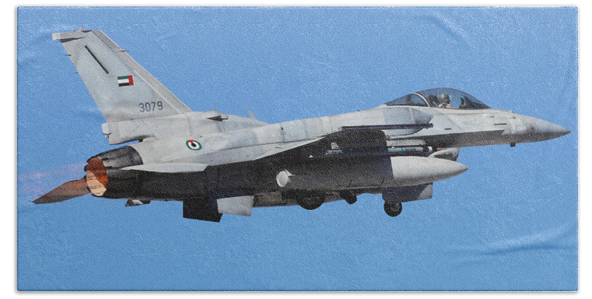 Falcon Beach Towel featuring the photograph UAE Block 60 F-16 Departing Nellis AFB by Custom Aviation Art