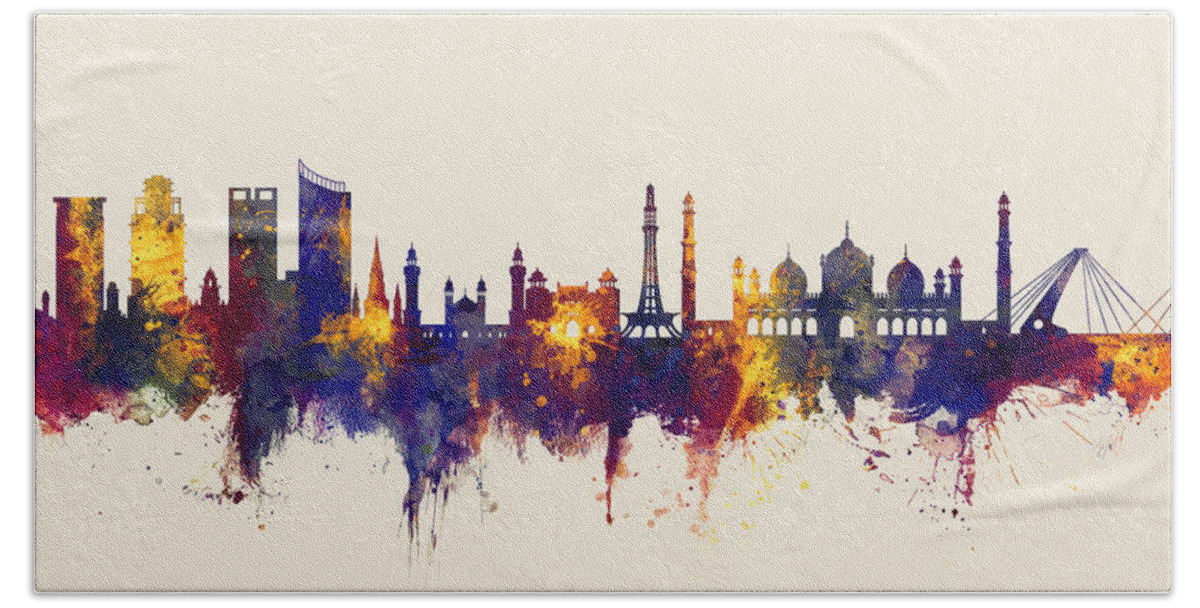 Lahore Beach Towel featuring the digital art Lahore Pakistan Skyline by Michael Tompsett