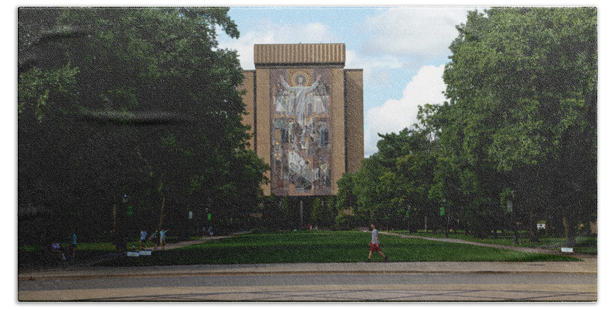 Notre Dame Fighting Irish Beach Towel featuring the photograph Wide view of Touchdown Jesus World of Life Mural University of Notre Dame by Eldon McGraw