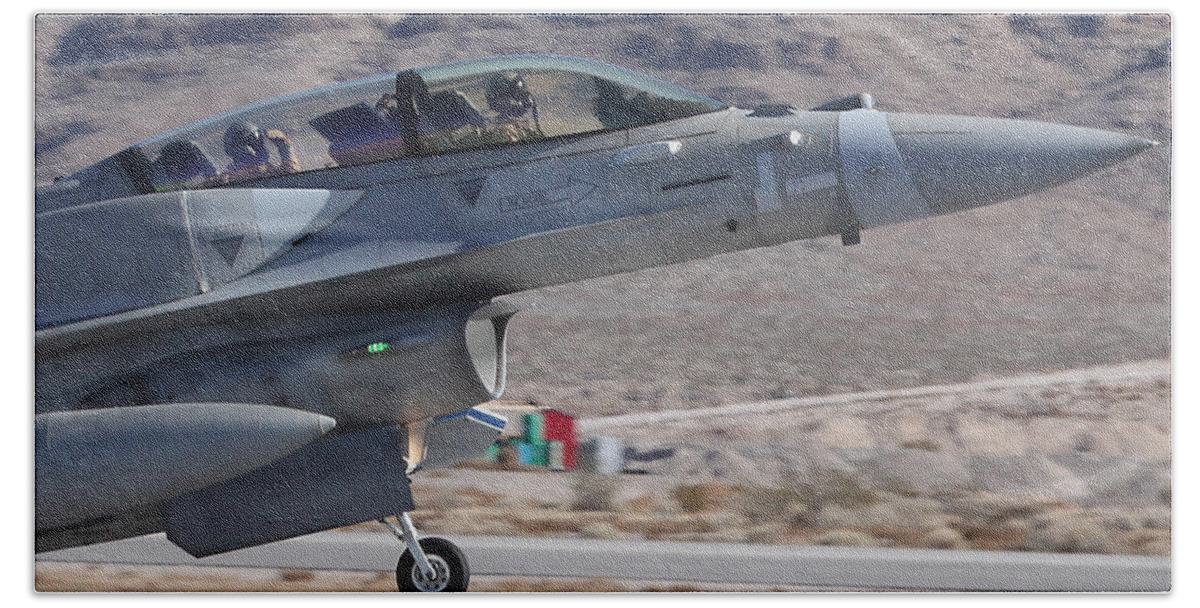 Falcon Beach Towel featuring the photograph Close-up UAE Block 60 F-16 Recovering to Nellis AFB by Custom Aviation Art