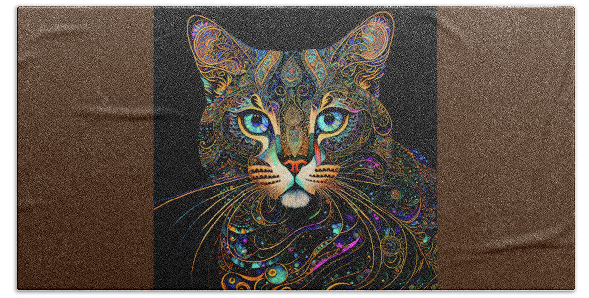 Tabby Cats Beach Towel featuring the digital art A Colorful Tabby Cat Named Digger by Peggy Collins
