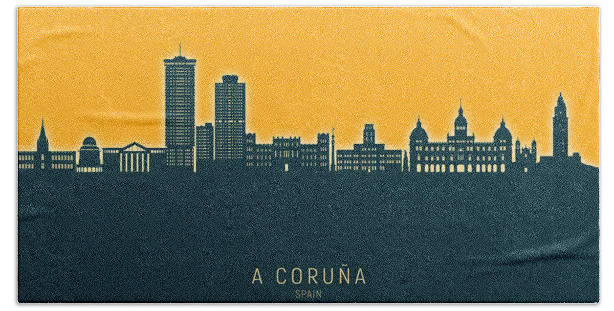 A Coruña Beach Towel featuring the digital art A Coruna Spain Skyline #86 by Michael Tompsett