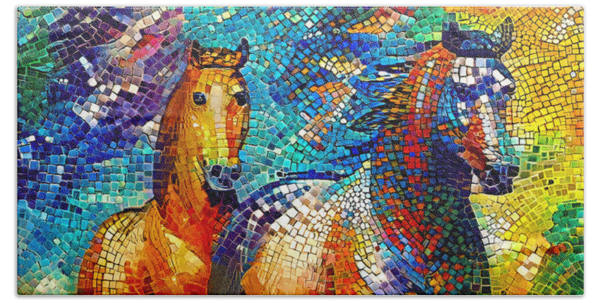 Horse Walking Beach Towel featuring the digital art A couple of horses walking - colorful mosaic by Nicko Prints