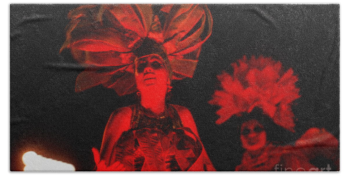 #soscuba Beach Towel featuring the mixed media A Cuban beauty dances and sings at the 1970 Havana Carnival. Red on a black background. by Elena Gantchikova