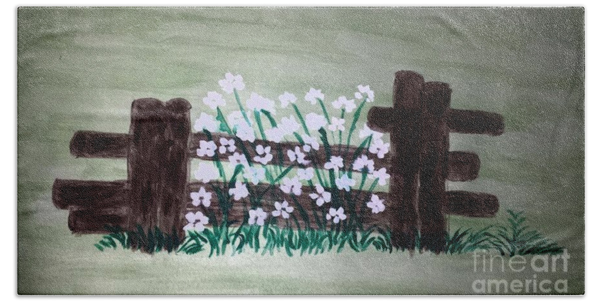 Spring Flowers Beach Towel featuring the painting A Fence Around the Corner by Margaret Welsh Willowsilk