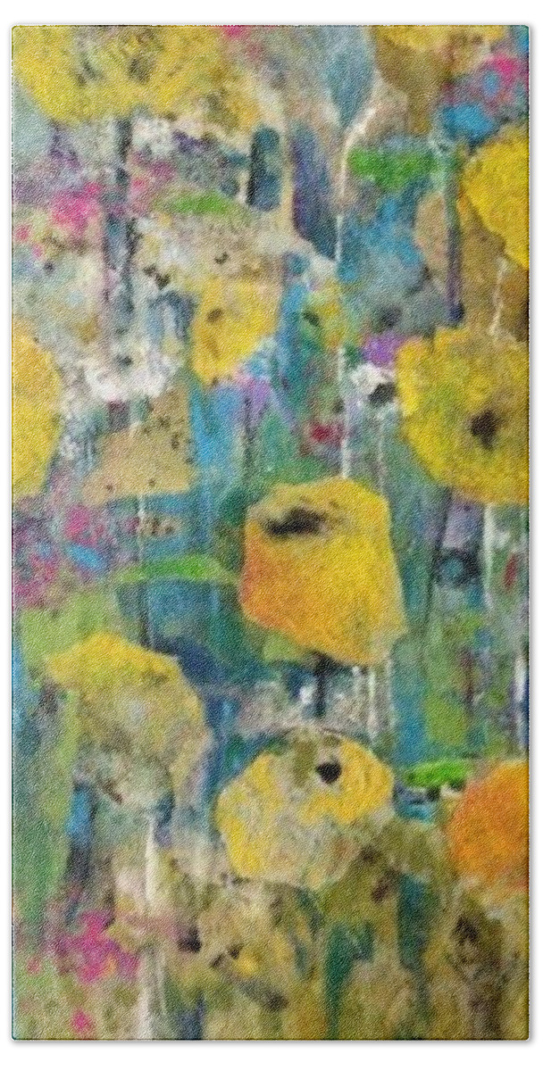 Sunshine Flowers Beach Sheet featuring the mixed media A Field of Sunshine by Eleatta Diver