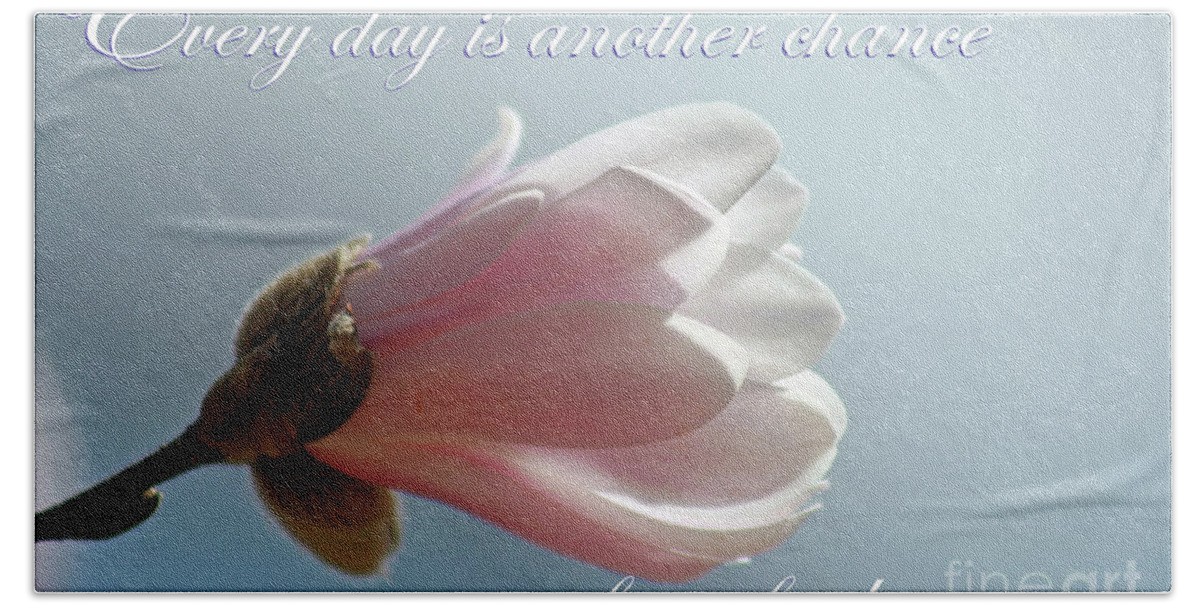 Magnolia; Magnolia Blossom; Flower; Pink Flower; Light; Inspirational; Fresh Start; White; Pink; Blue; Sky; Sunlight; Close-up; Blossom Beach Towel featuring the photograph A Fresh Start by Tina Uihlein
