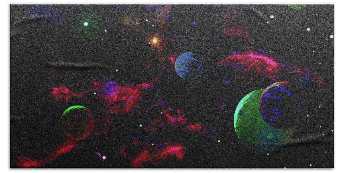 Fantasy Background Beach Towel featuring the digital art A Gathering of Planets Space Background by Don White Artdreamer