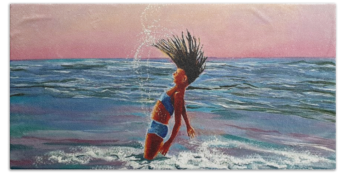 Abigail Beach Towel featuring the painting A girl who leapt like dolphin  by Eli Gross