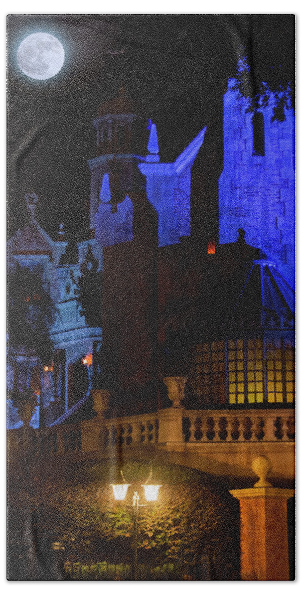Magic Kingdom Beach Towel featuring the photograph A Haunted Mansion Moon by Mark Andrew Thomas